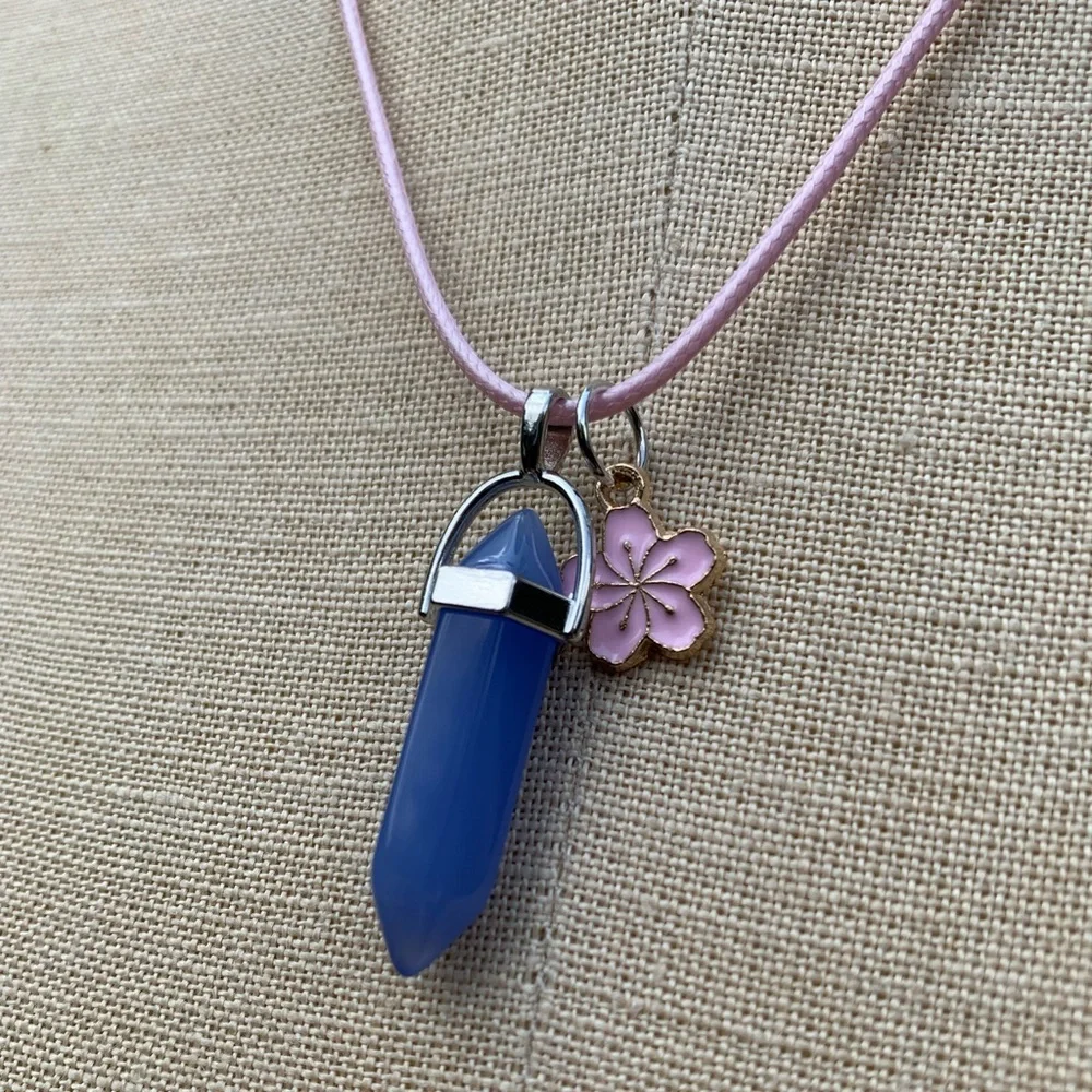 Handmade Periwinkle Crystal Amulet Necklace & Cherry Blossom 🌸 Flower Charm - Picture 6 of 7